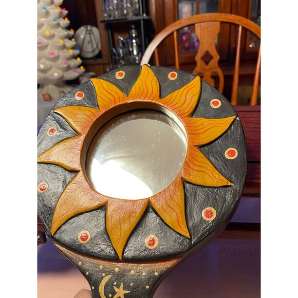 BoHo Sun Burst Designs Hand or Hanging MIRROR Hand painted Carved Wood 11.75 in - Picture 12 of 12
